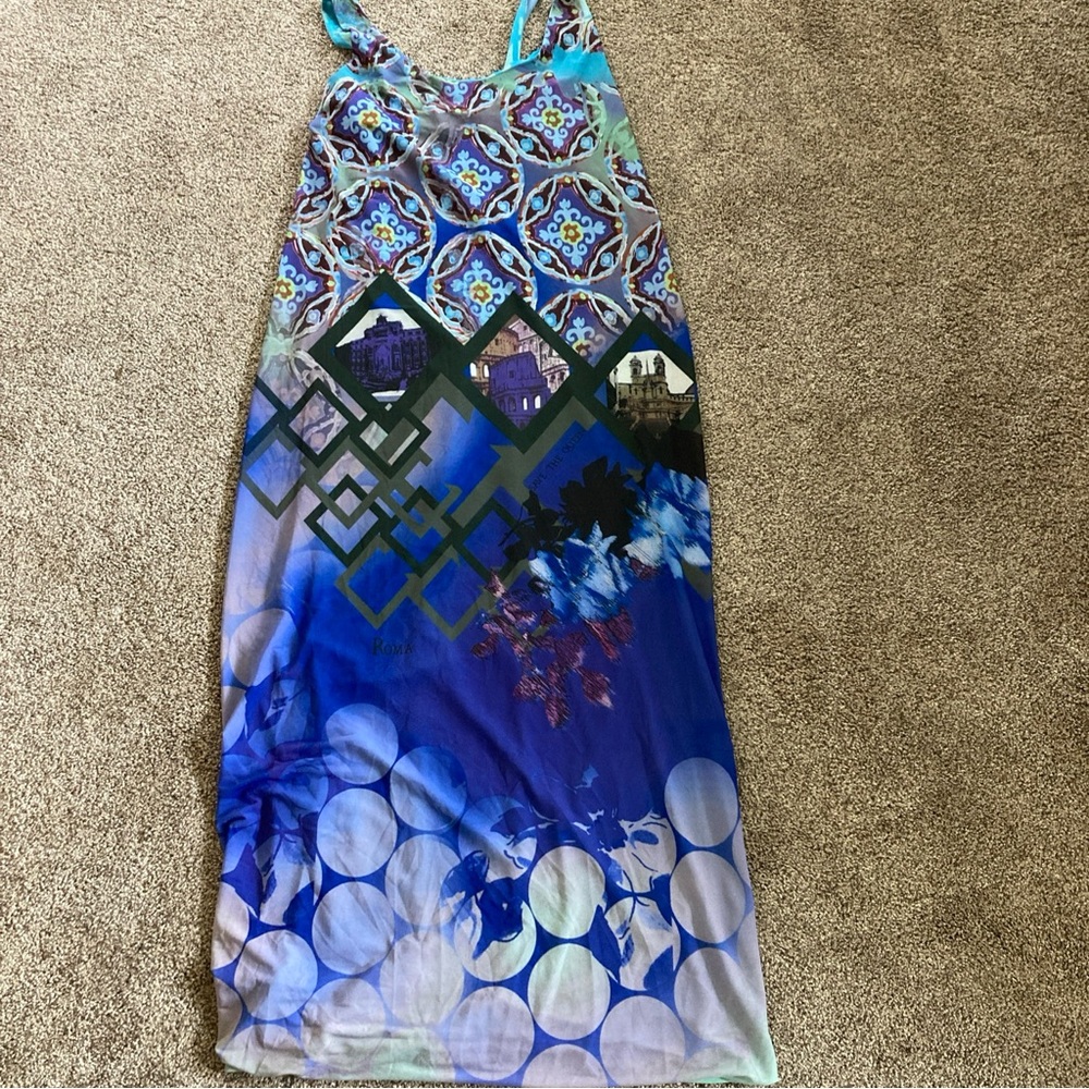 SAVE THE QUEEN Dress Sleeveless Blue Multi Roma Print SZ S MIDI Gorgeous!!